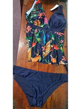 Women's Rosegal Plus 5XL 2 Piece Swimsuit Bathing Suit Navy Tiger Floral NWT